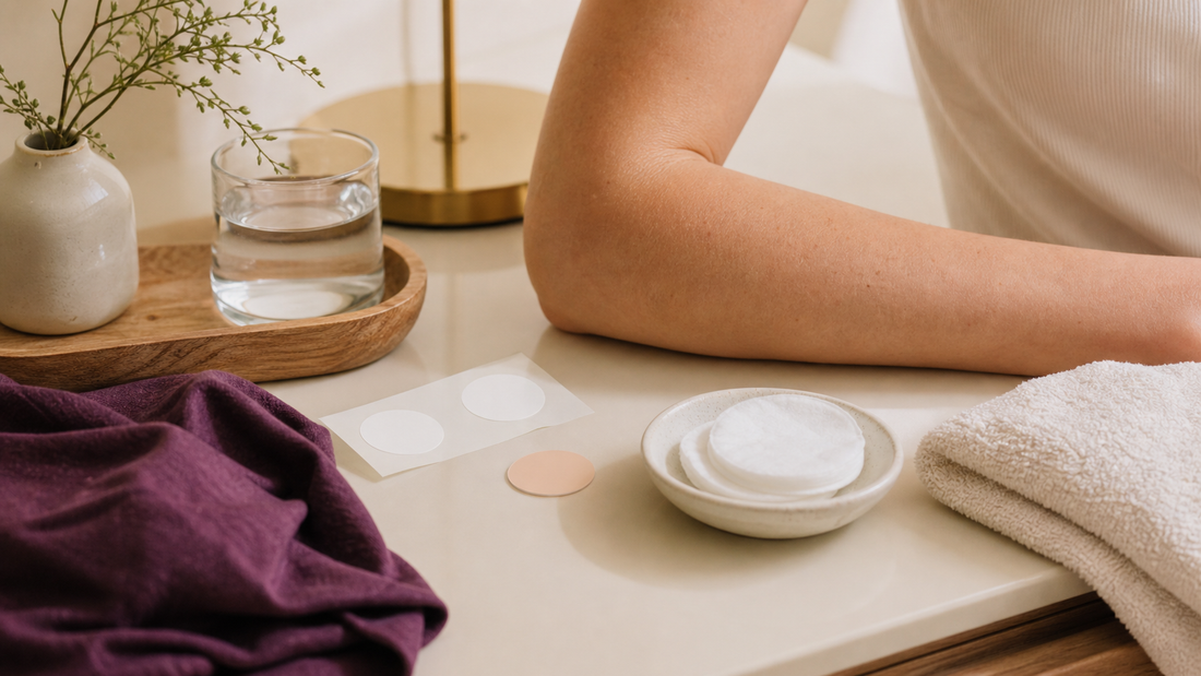 Unbranded adhesive backing, round disc, cotton pad, ceramic dish, folded towel, and an adult forearm.