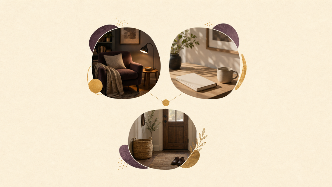 Three illustrated routine scenes show an evening reading nook, a daytime desk, and an entryway.