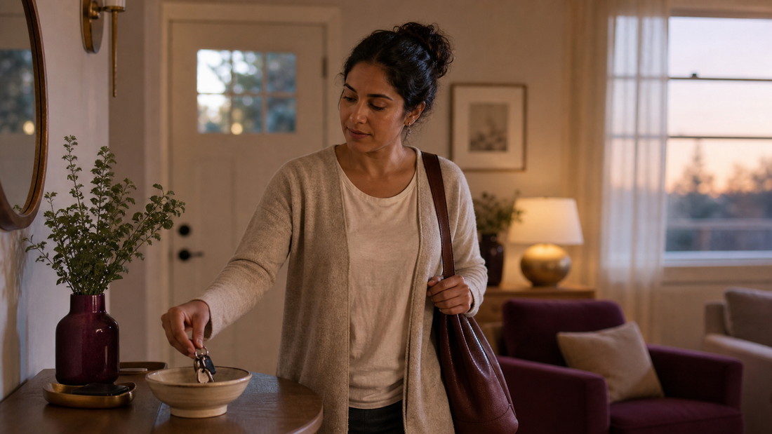 Adult placing keys in a ceramic bowl and setting down a bag in a home entryway at dusk.