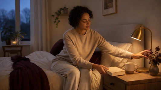 Adult dimming a bedside lamp beside a paper book and ceramic mug in an evening reading nook.