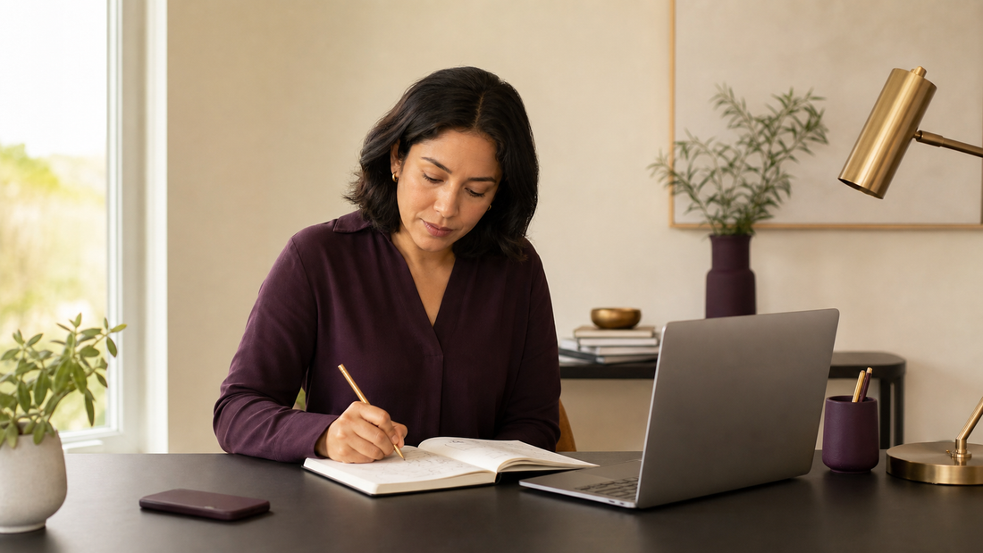 Adult working at a desk with a notebook, blank laptop screen, pencil, and face-down phone.