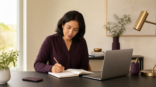 Adult working at a desk with a notebook, blank laptop screen, pencil, and face-down phone.