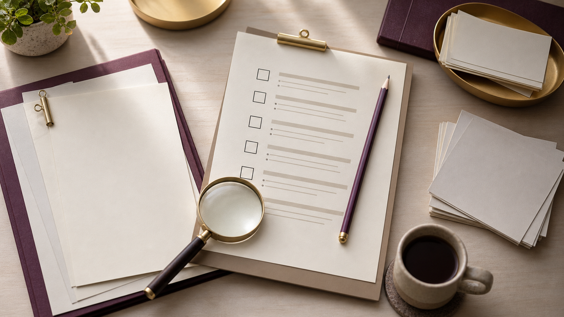 Magnifying glass, pencil, blank papers, and research cards arranged on a cream desk.