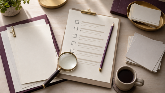 Magnifying glass, pencil, blank papers, and research cards arranged on a cream desk.