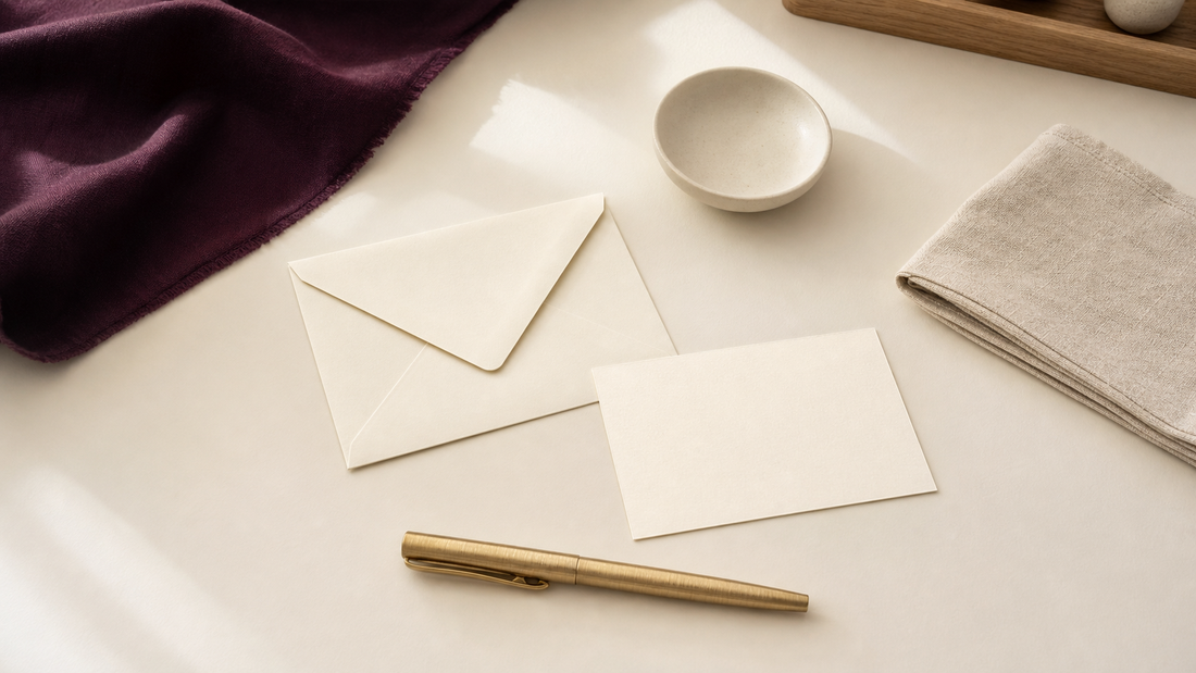 Blank cream envelope, blank card, gold pen, ceramic dish, and folded cloth on a cream tabletop.