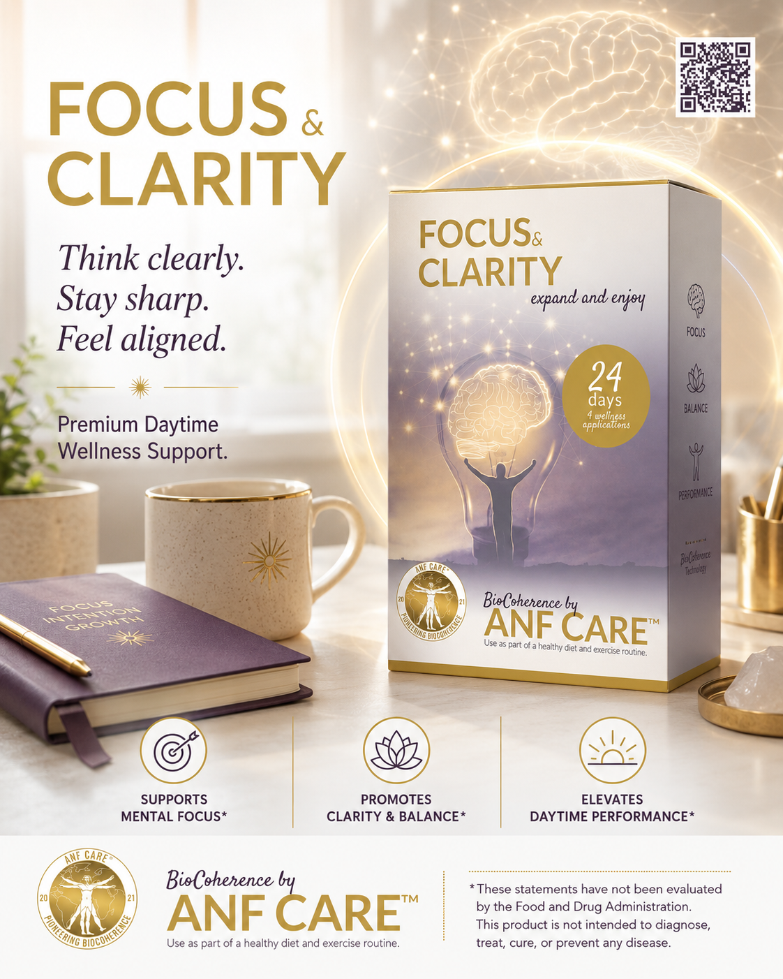 Focus and Clarity — BioCoherence by ANF Support, 24 days, 4 wellness applications